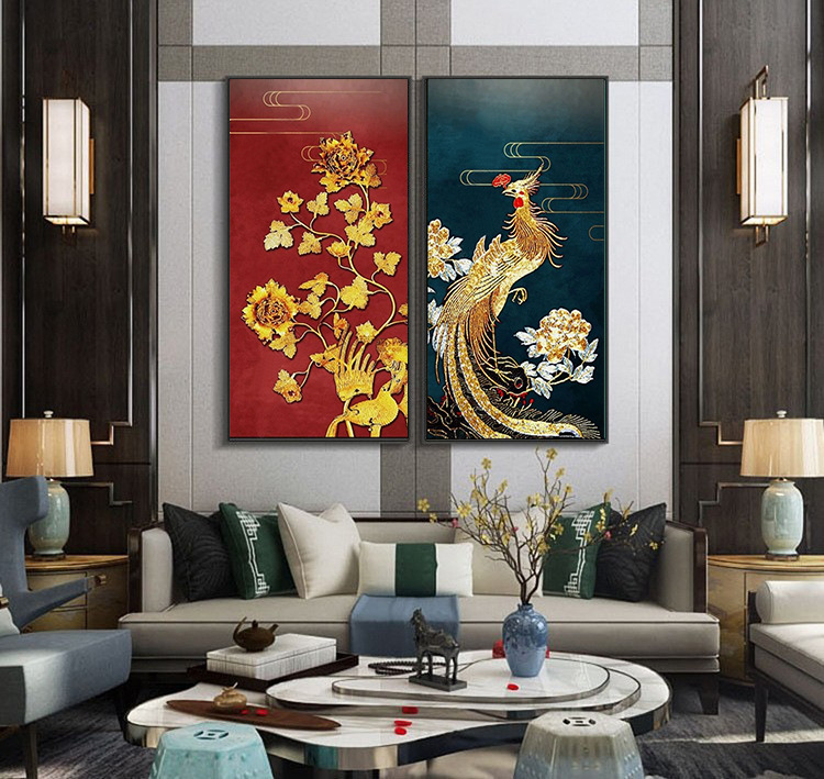 中式凤凰装饰画客厅玄关大堂酒店龙凤吉祥挂画九龙图招财风水壁画
