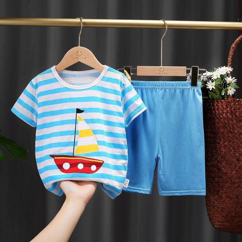 Children's Cotton Short-Sleeved Suit Girls' T-shirt Boys' Shorts Half-Sleeve Summer Wear Baby Summer Clothes