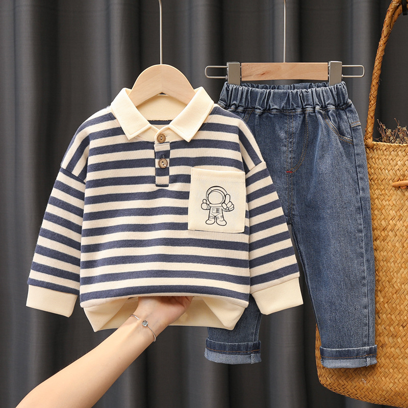 Children's Suit Boys and Girls Striped Astronaut Pocket Lapels Sweater Denim Trousers Spring and Autumn Women's Treasure Fashion Two-Piece Suit