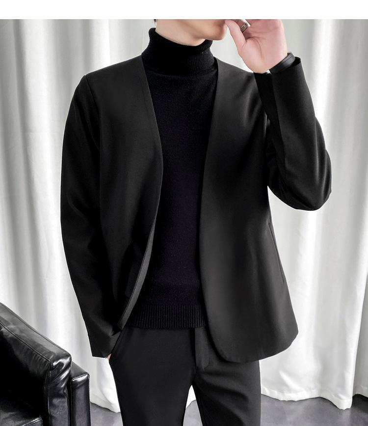 黑色西服男春季英伦风2021年新款休闲上衣韩版潮流无领小西装外套