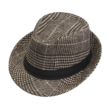 秋冬新款毛呢子男士礼帽英伦复古时尚格纹爵士帽绅士平顶小礼帽