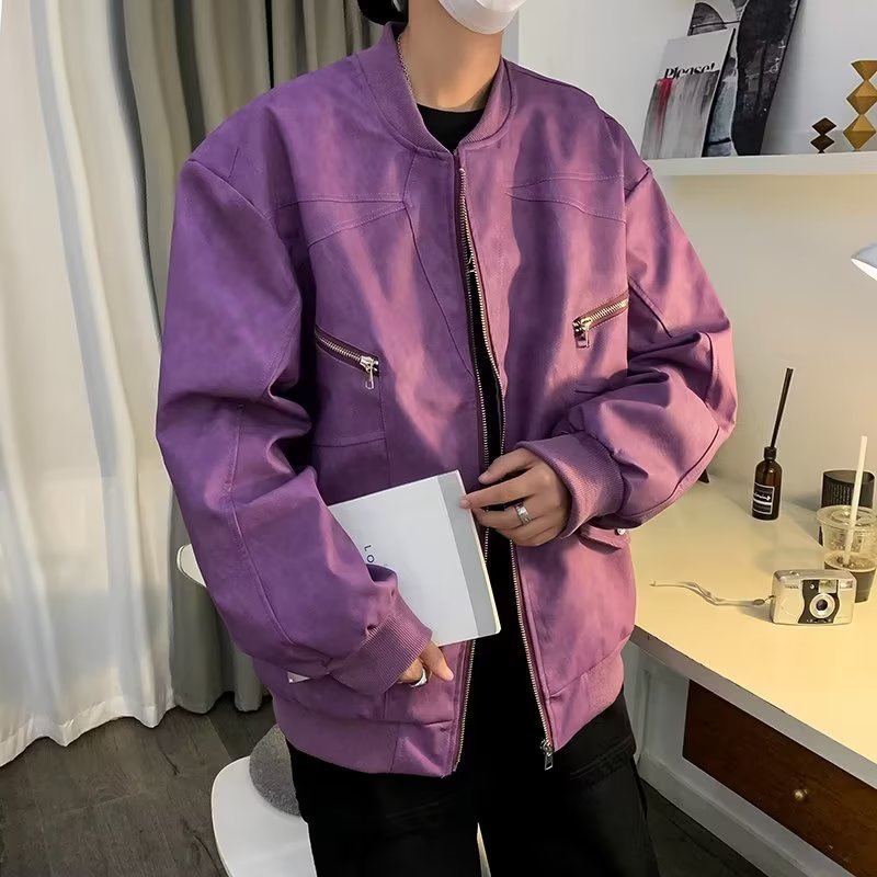紫色麂皮绒垫肩短款外套男高级感痞帅cleanfit美式飞行员夹克春秋