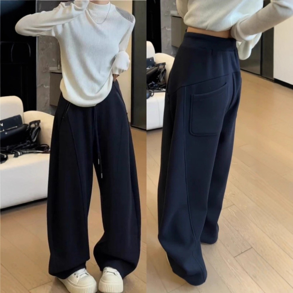 十三行~高腰显瘦拉链休闲阔腿弯刀长裤2025秋季新款梨型身材卫裤