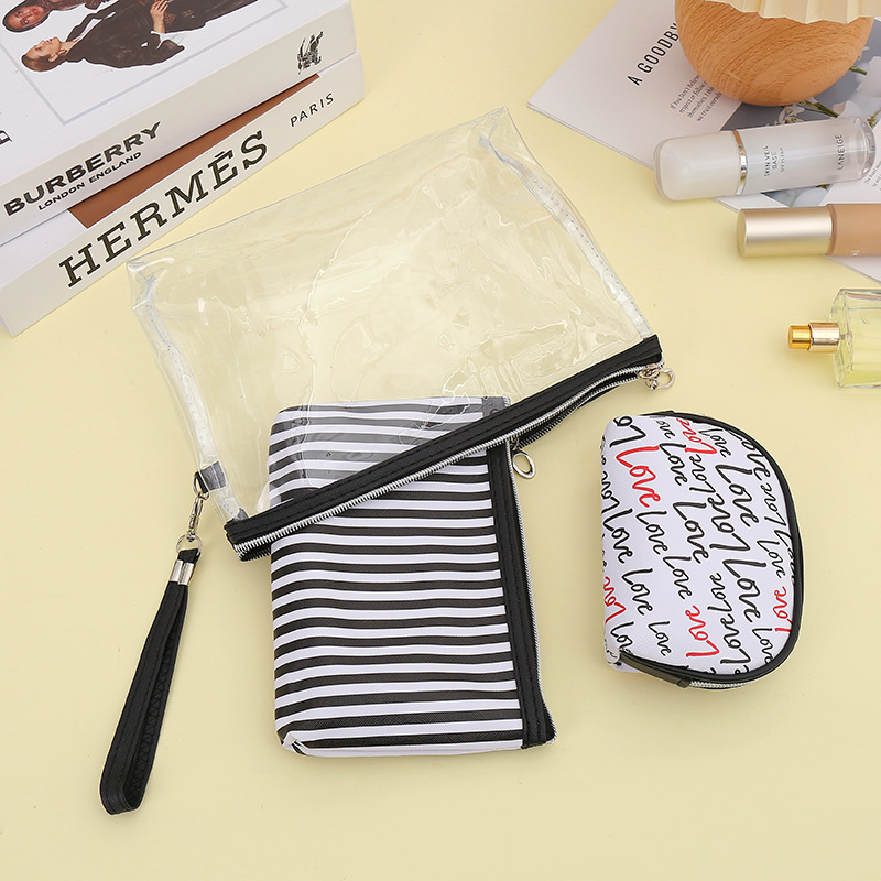 Japanese and Korean Inkjet Striped Make-up Bag Three-Piece Transparent Double-Layer Pvc Women's Makeup Case Portable Waterproof Buggy Bag