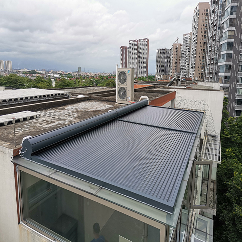 玻璃阳光房遮阳顶帘电动轨道伸缩棚铝合金天幕帘隔热布帘防晒降温