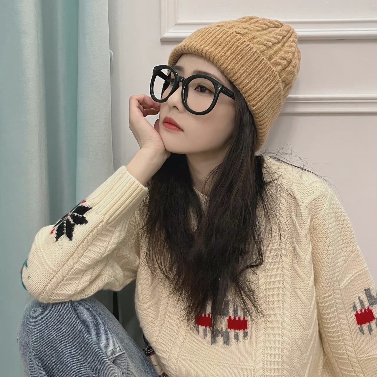 明星白鹿同款衣服提花圣诞套头毛衣女秋冬季宽松慵懒风针织衫上衣