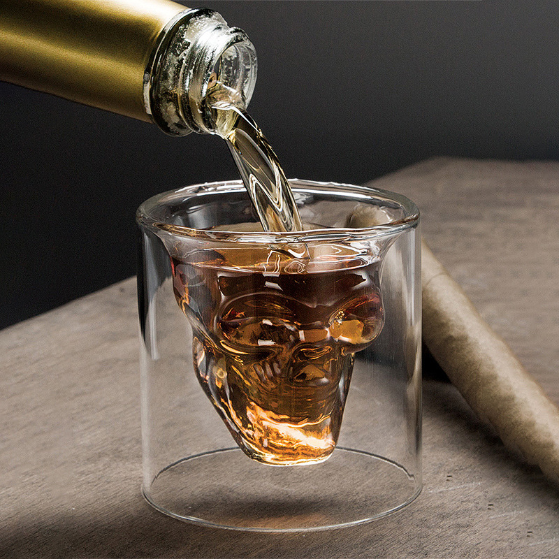 双层玻璃酒杯洋酒威士忌创意红酒鸡尾酒个性骷髅头酒瓶伏特加酒杯