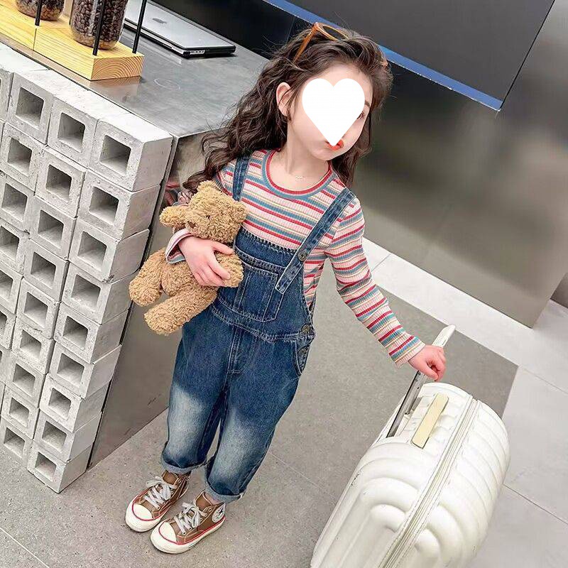 女童牛仔背带裤套装2024新款春秋彩条恤两件套中小童女宝宝休闲款