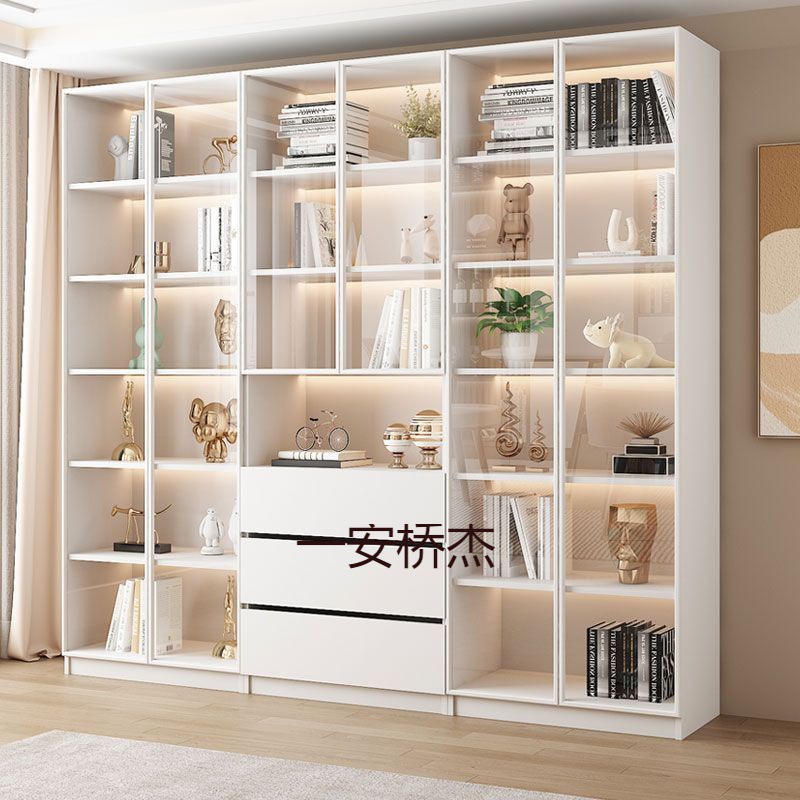 rw书柜轻奢现代带玻璃门储物柜家用客厅一体整墙到顶展示柜落地书