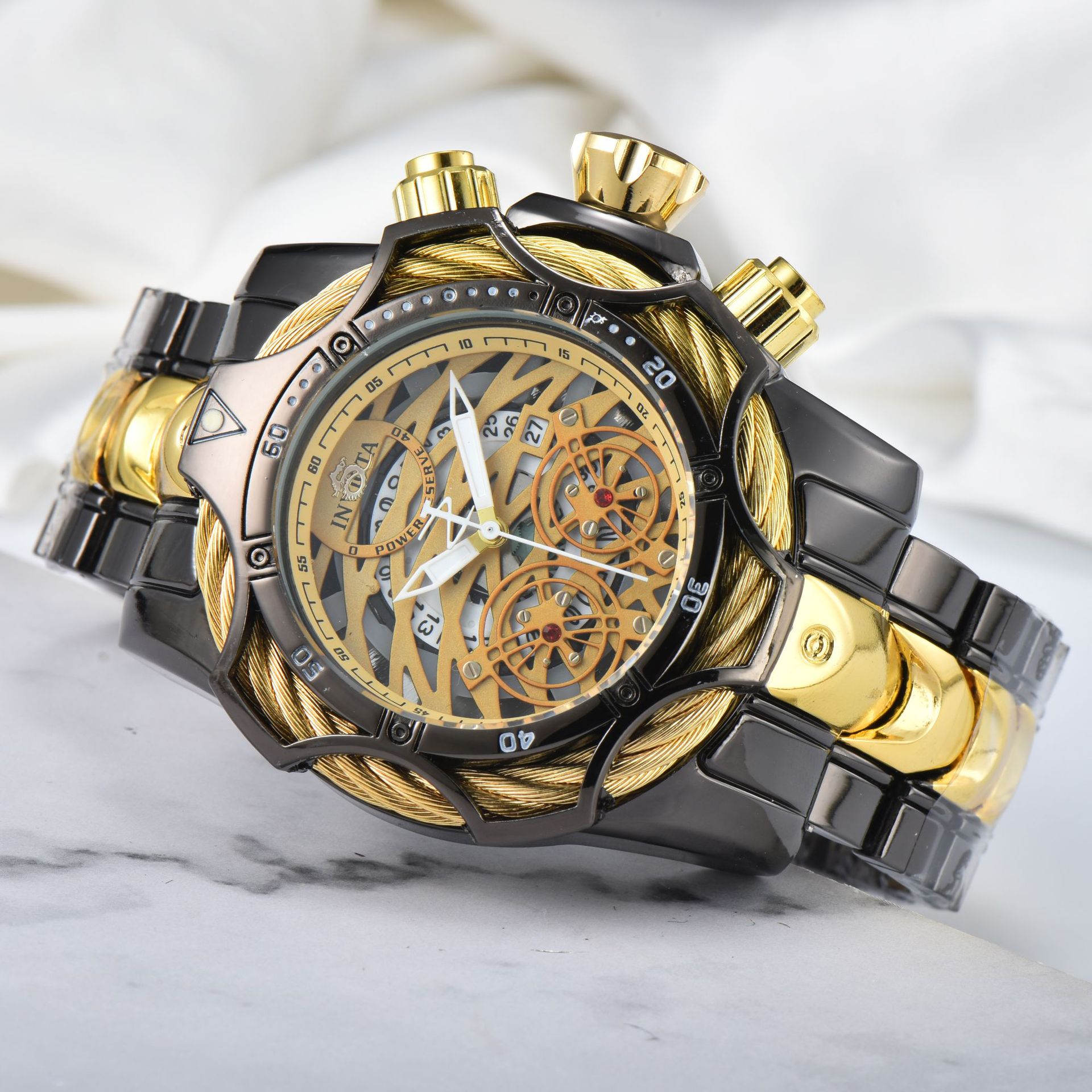 新跨境手表外贸镂空石英英弗男表invic大表盘钢带运动腕表非机械