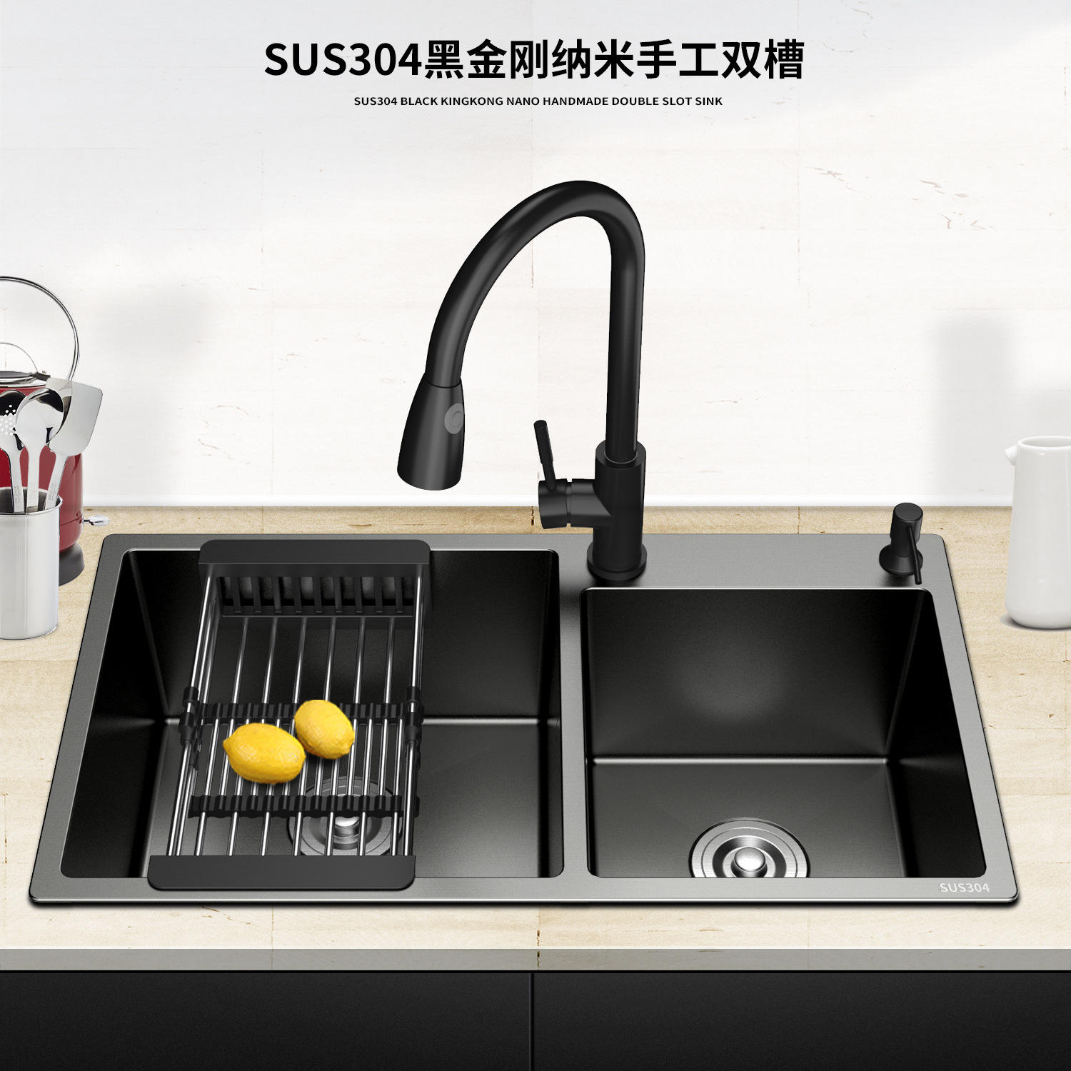 黑色sus304不锈钢水槽加厚厨房洗菜盆双槽洗碗盆纳米手工水槽厂家