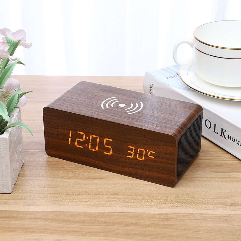 Wireless Charging Bluetooth Speaker Multi-Function Wooden Clock Digital Display Mobile Phone Wireless Charging Bedside 