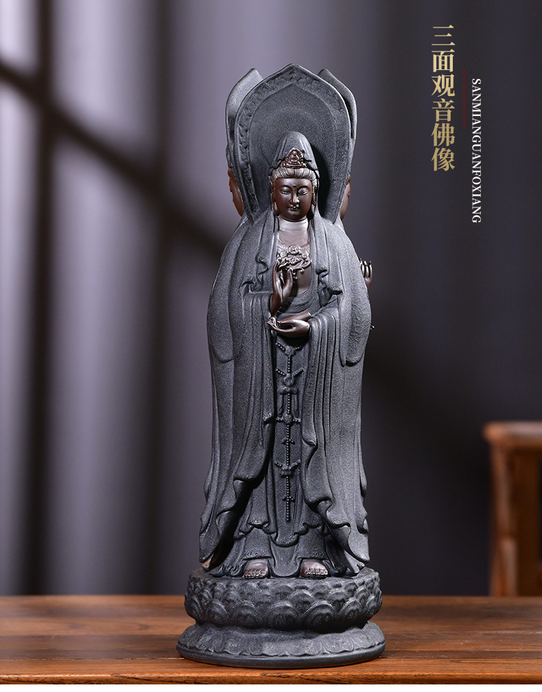 南海三面观音佛像陶瓷工艺品家用供奉观世音菩萨摆件站像