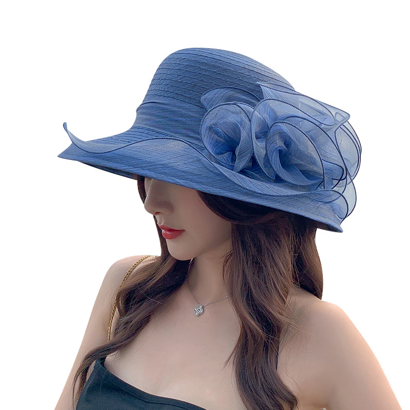 Summer New Women's Organza Flower Big Brim Beach Hat Outdoor Sun-Shade Sun Protection Travel Mesh Fisherman Hat