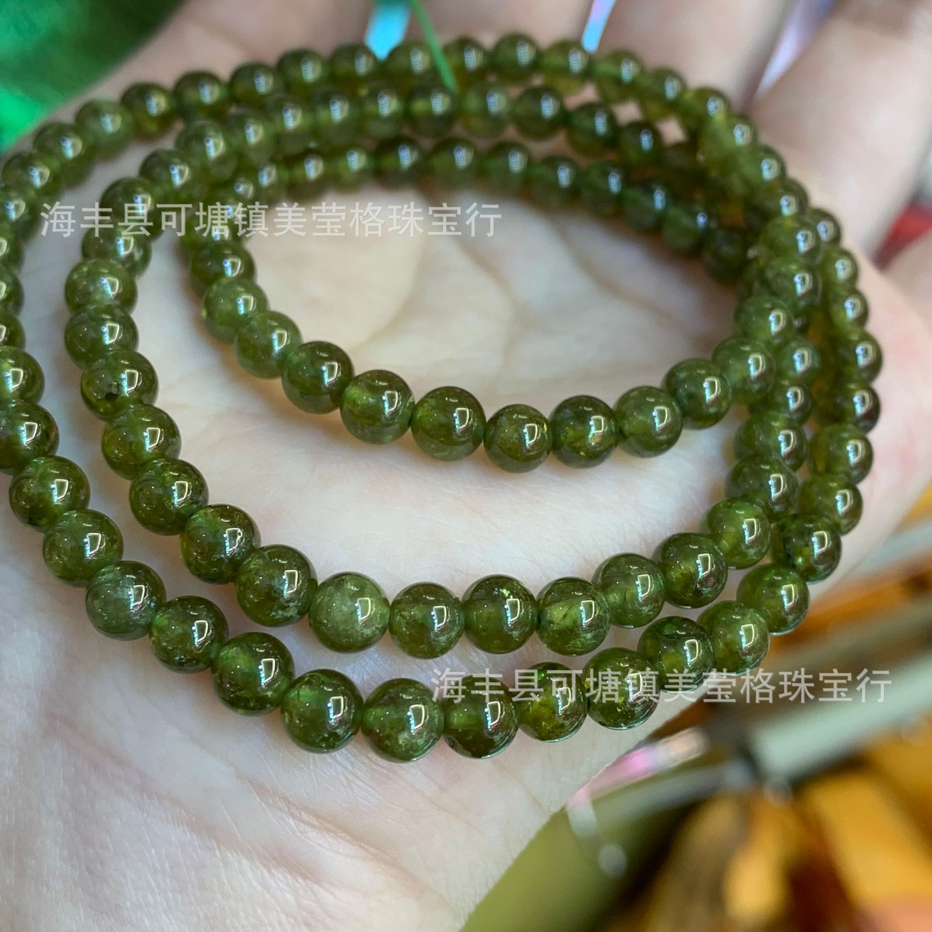 绿石榴三圈手链 沙弗莱多圈手串佛珠 绿石榴水晶圆珠 男女diy饰品