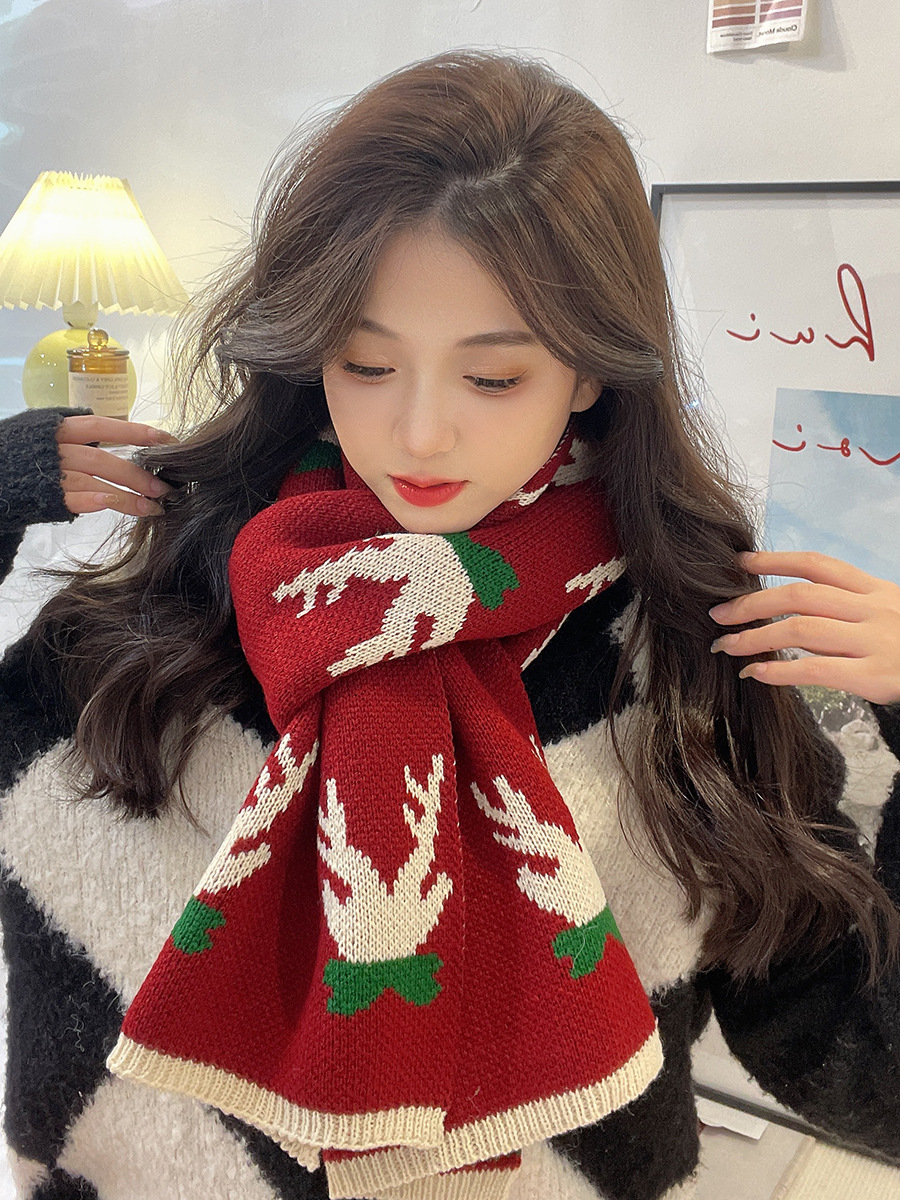 New Year Christmas Gift Red Knitted Solid Color Scarf Women's Winter Warm Japanese Style Plaid All-Matching Woolen Scarf