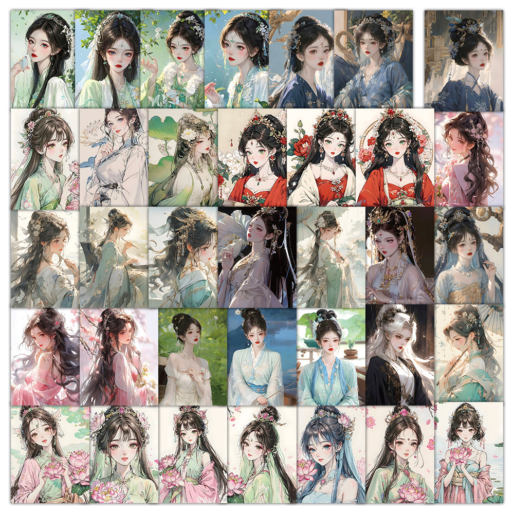 60张古风仙女卡通贴纸高颜值装饰行李箱汽车笔记本素材贴画批发