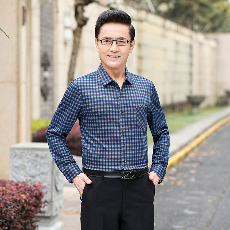 中老年男士上衣秋季长袖衬衣免烫防皱格子衬衫秋季爷爷装商务寸衣