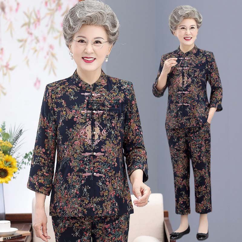 wj70岁80妈妈装夏装两件套老年人女装套装七分袖奶奶装夏季唐装喜