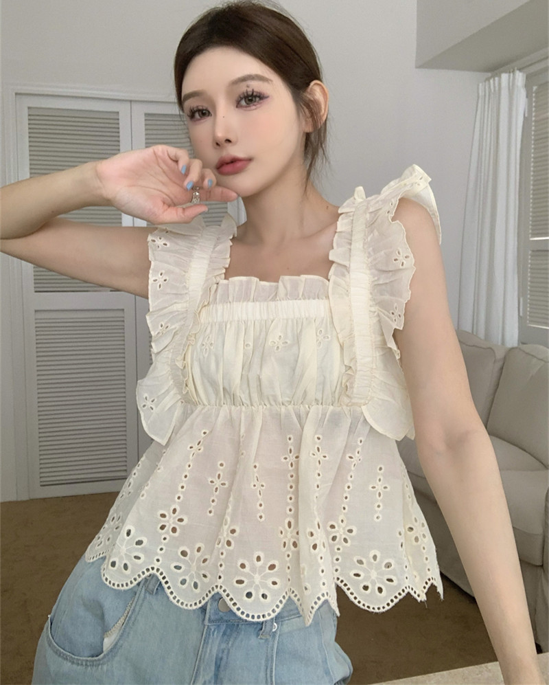 可甜可盐小衫娃娃衫女上衣夏季方领无袖荷叶边镂空洞洞波浪边衬衫