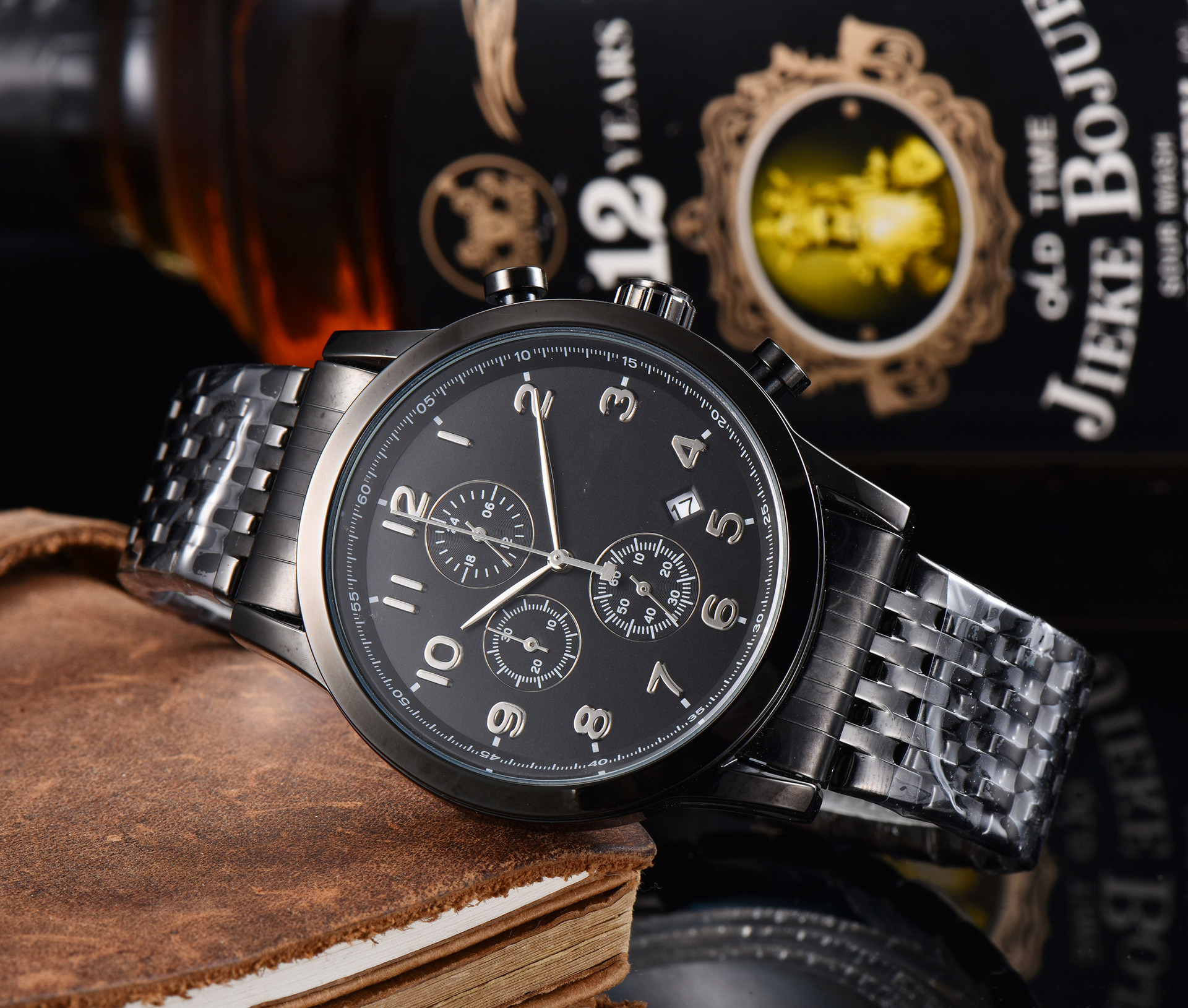 新款现货boss钢带三眼六针走动石英手表 男士商务绅士款