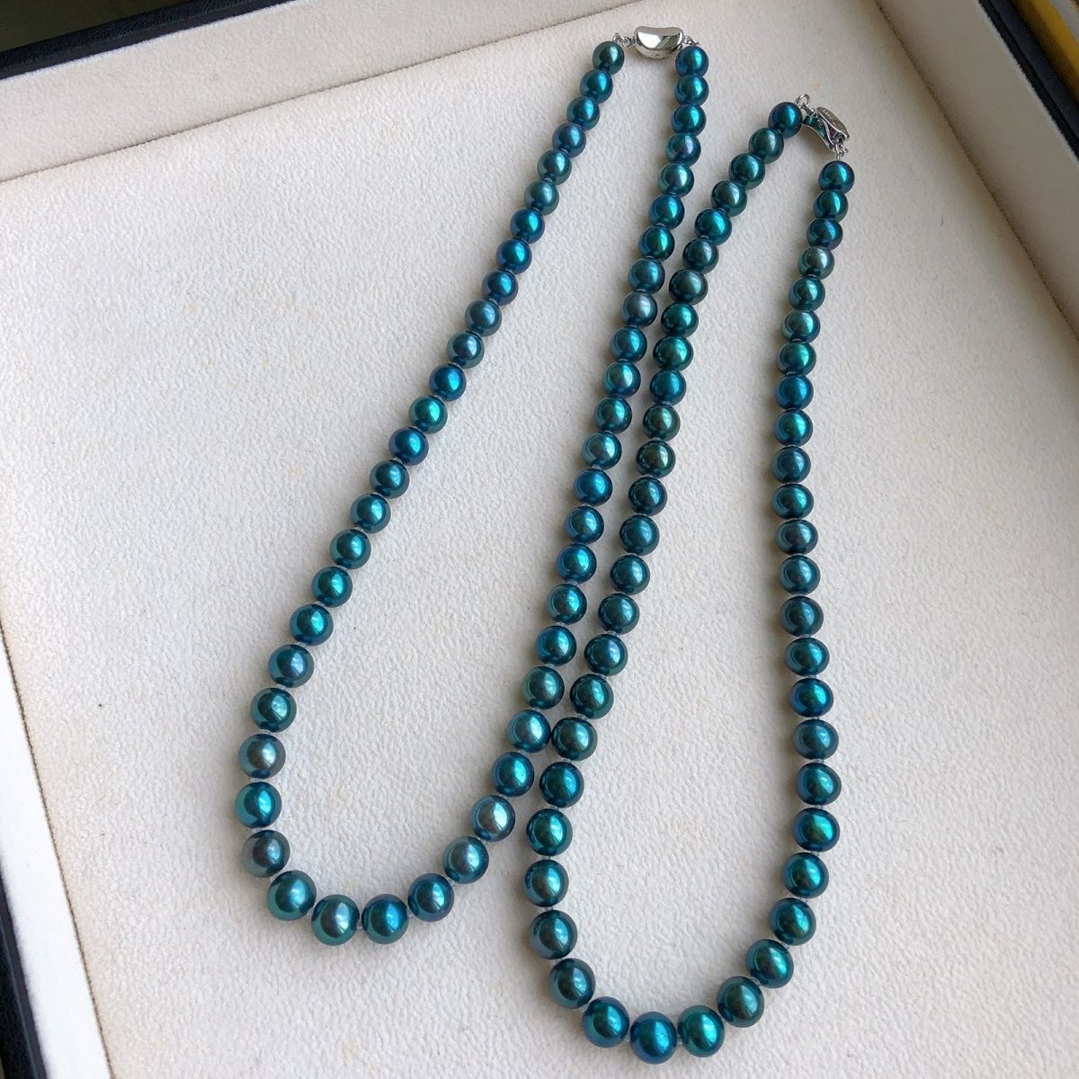 天然珍珠9-10mm珍珠项链孔雀蓝颜色 近正圆 基本无暇中国风串珠奢