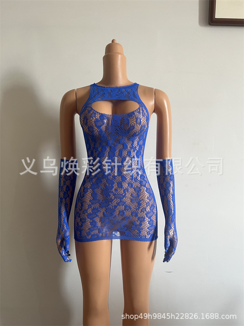 European and American Style Sexy Underwear plus Size Cross-Border Sexy Fishnet Clothes Foreign Trade Popular Style Sheath Fishnet Clothes Skirt Hollow Gloves Suit