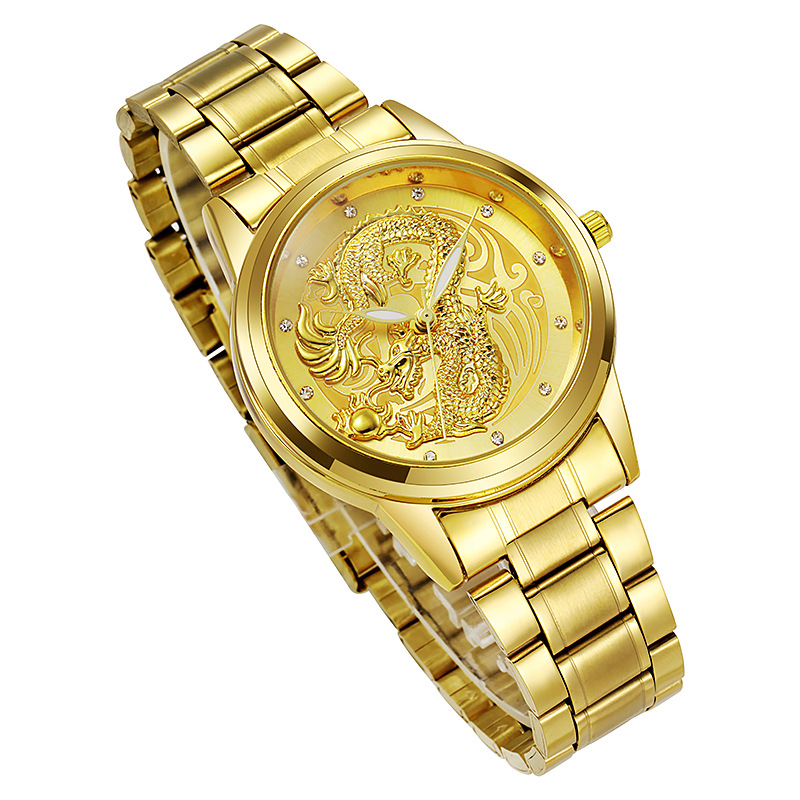帝思浮雕金龙表男士防水非机械男龙凤呈祥情侣龙面时尚中老年手表