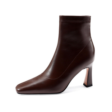 显腿弹力瘦瘦靴女秋冬季新款气质短筒单靴棕色尖头细高跟靴短靴女