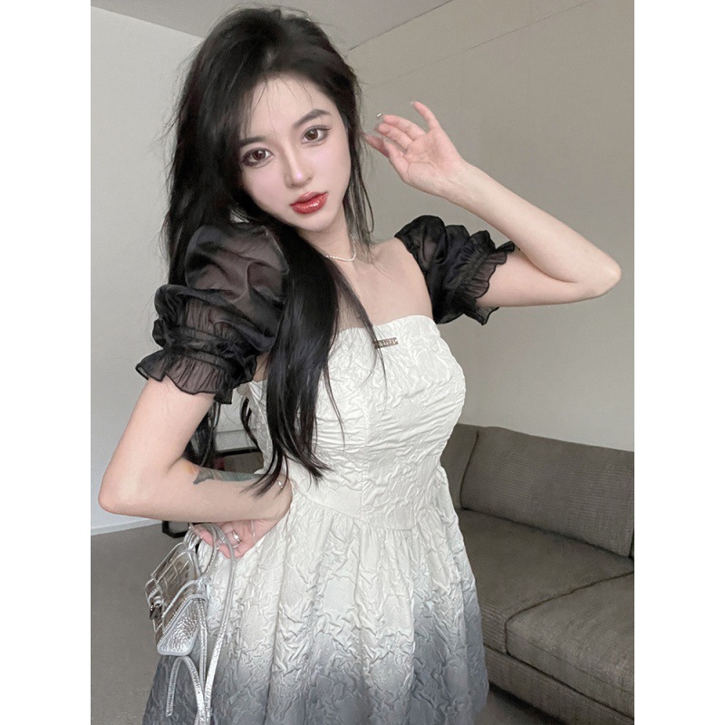 胖mm新款大码女装法式奶甜收腰撞色蓬蓬连衣裙女夏季