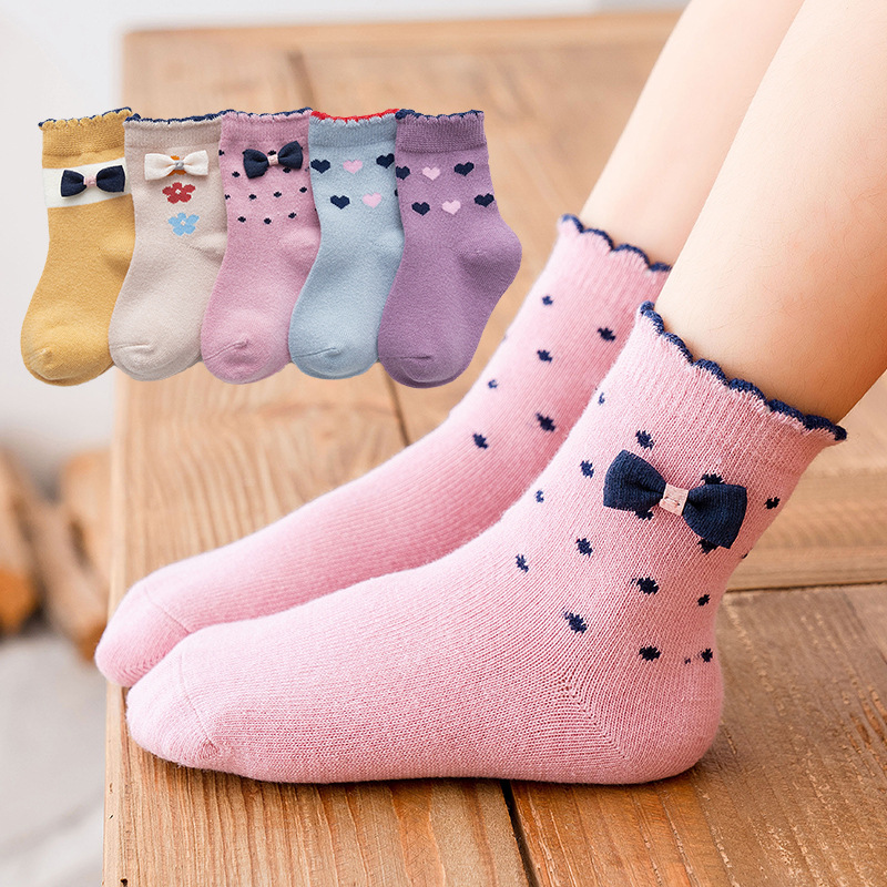 女童袜子春秋纯棉薄款儿童韩国中大童粉色花边公主中筒棉袜蝴蝶结