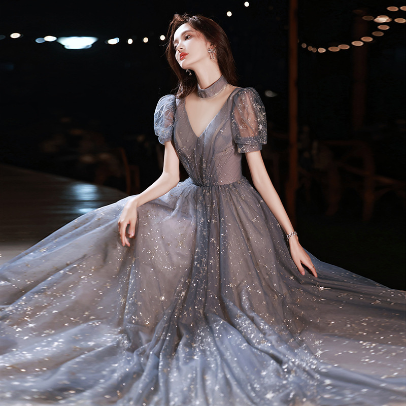 星空宴会晚礼服女2021新款主持人演出艺考连衣裙名媛气质年会礼服
