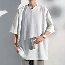 肌理条纹v领白色短袖T恤男夏季潮流垂感高级感半袖宽松大码体恤衫