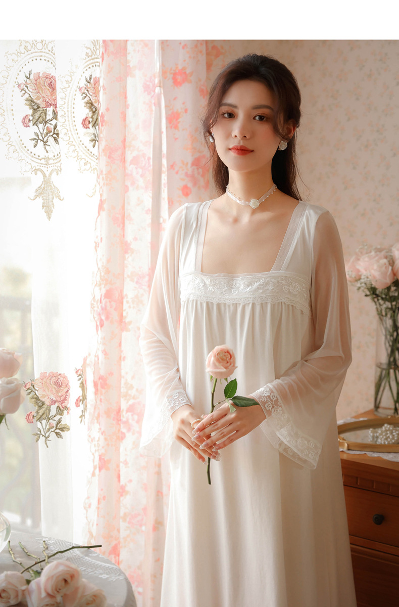 长袖棉睡裙女春复古宫廷风公主性感蕾丝方领长款睡衣外穿家居服秋