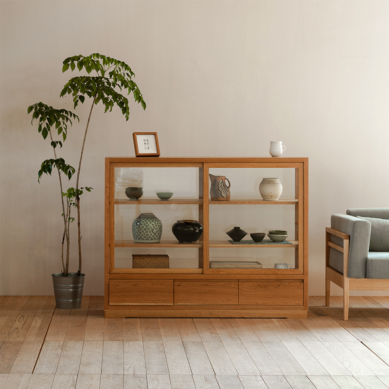 樱桃实木博物馆玻璃展示柜书柜日式移门餐边柜隔断矮柜收纳落地柜