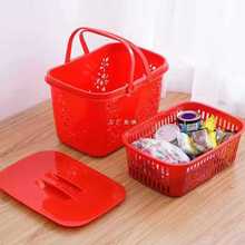 家用塑料超市购物双层带盖大红篮子买菜水果零食收纳野餐手提篮
