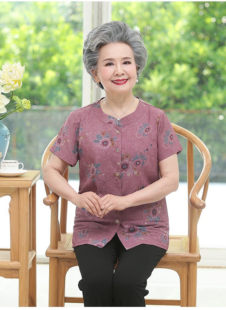 奶奶夏装短袖中老年人女t恤妈妈上衣开衫老人衣服老太太夏季套装