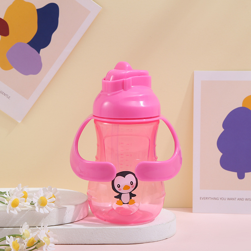 Cartoon Straw Water Cup Plastic Shatter Proof with Handle Children's Milk Bottle Anti-Flatulence Baby and Infant Newborn Bottle Portable