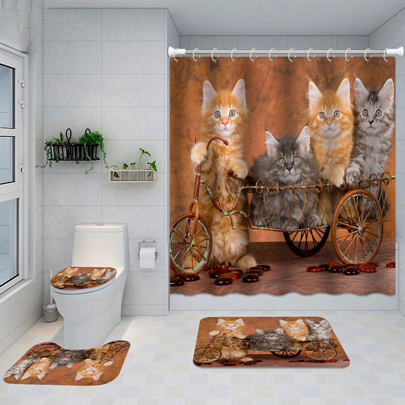 New Cross-Border Foreign Trade Shower Curtain Four-Piece Waterproof Bathroom Three-Piece Floor Mat Shower Curtain Toilet Mat Cat Printing