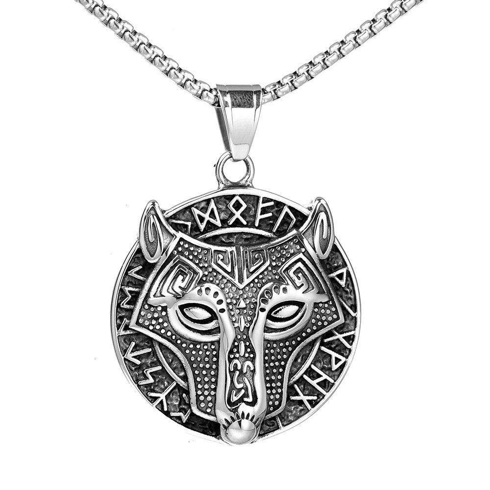 跨境欧美新款狼头符文护身符吊坠 个性维京狼图腾不绣钢钛钢项链