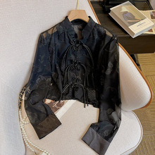 新中式国风刺绣盘扣黑色衬衫女夏季薄款气质轻熟高端长袖上衣外套