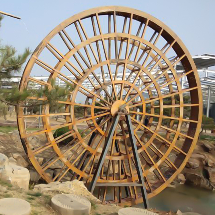 户外大型仿古景观黄河水车 景区网红旋转流水摆件 木制装饰成品