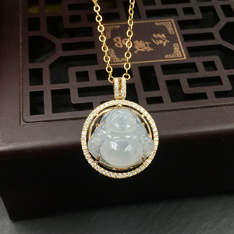 厂价直销天然a货冰种翡翠佛公吊坠18k金镶嵌钻石中国风项坠包邮