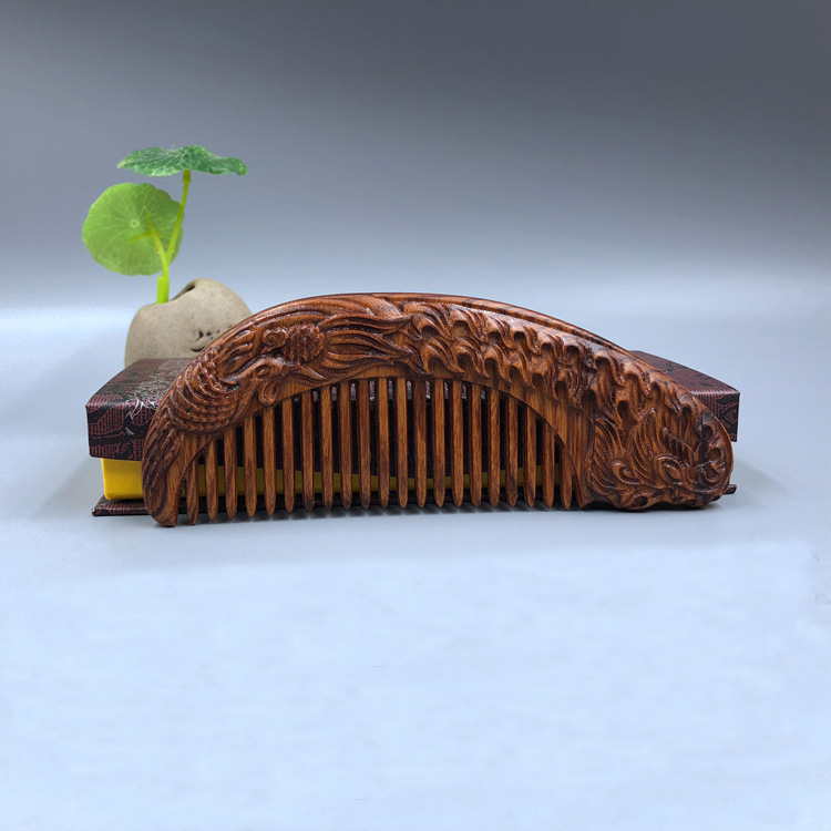 便携天然老挝黄花梨雕花木梳礼盒木梳子整木无静电细齿梳子送女友