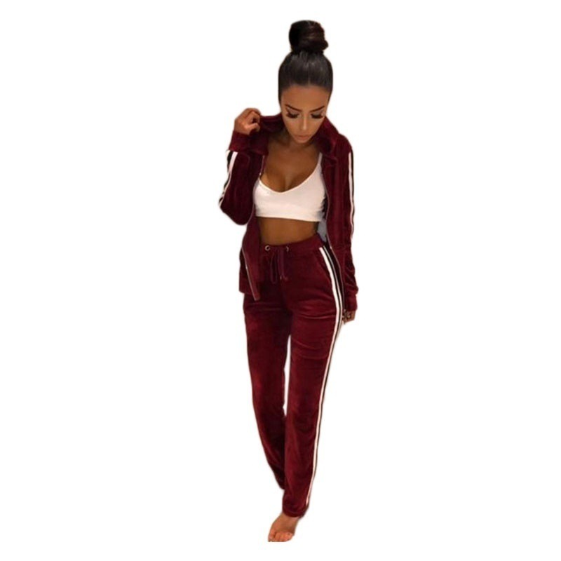 Foreign Trade New Striped Pleuche Zipper Sweater Trousers Suit Autumn and Winter Women's Striped Fitness Running Sports Suit