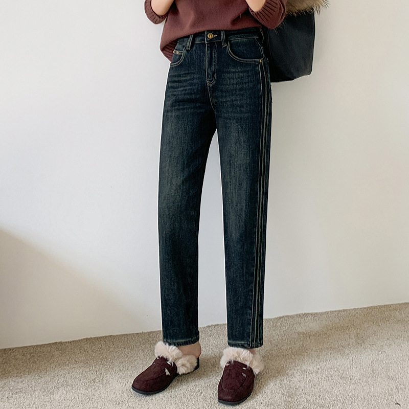 素度冬季加厚加绒牛仔裤女怀旧复古深蓝两侧拼接老爹