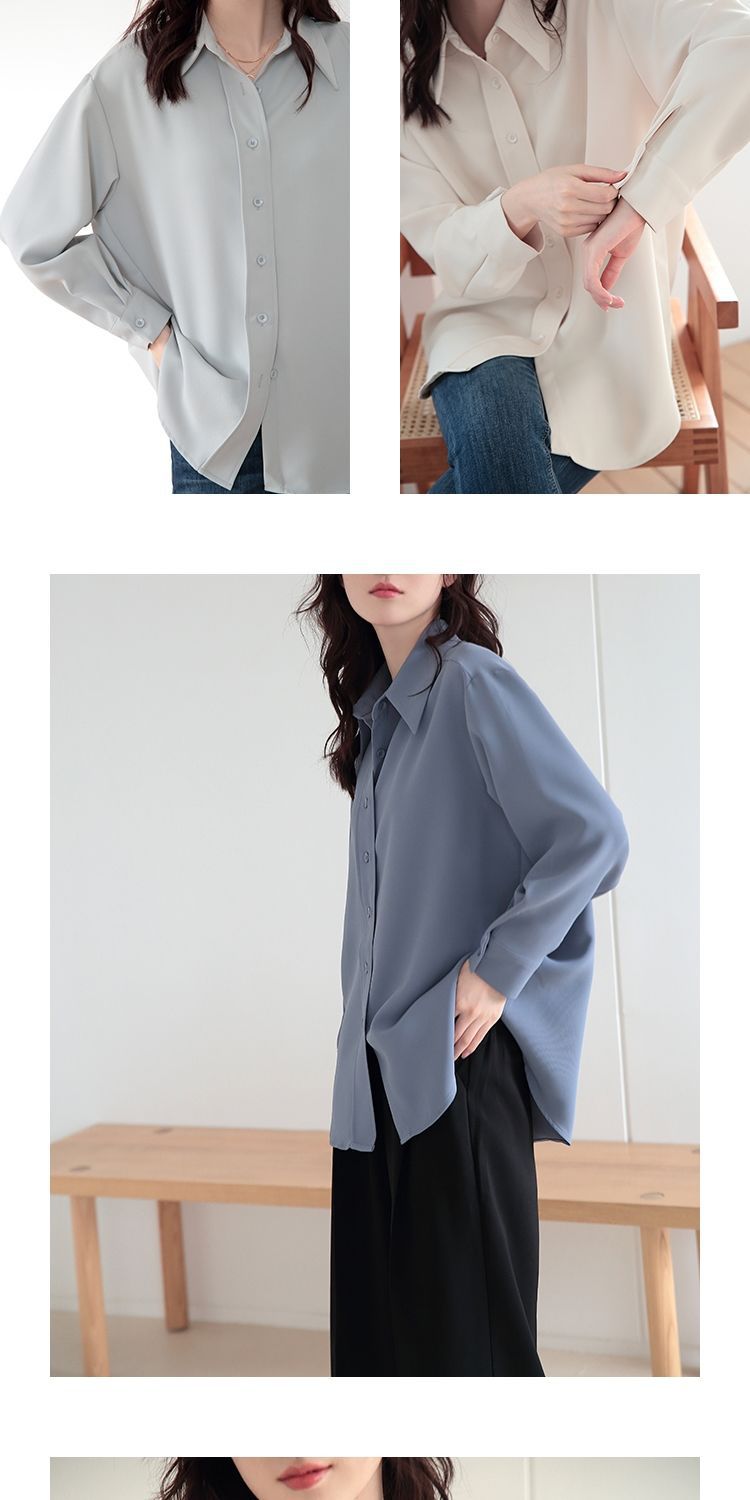 盐系雾霾蓝衬衫女宽松设计感小众免烫垂感长袖港风复古衬衣外套秋