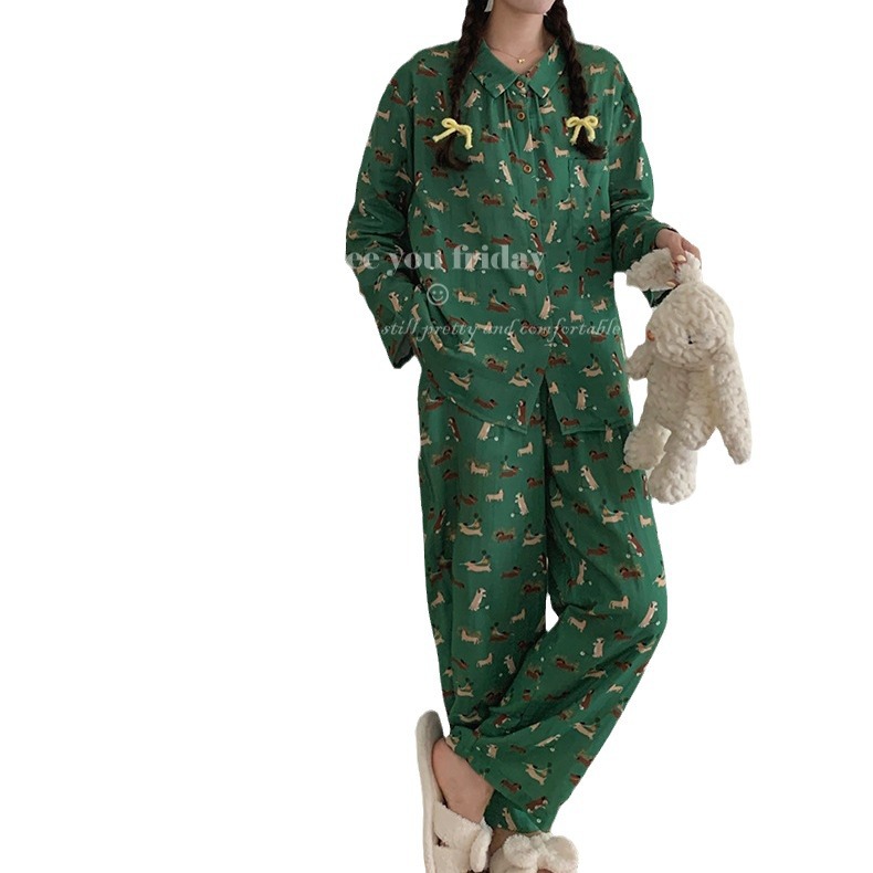 Gaomi Double-Layer Cotton Yarn Korean 2024 Spring and Summer New Retro Green Cartoon Puppy Lapel Cardigan Pajamas Home Wear