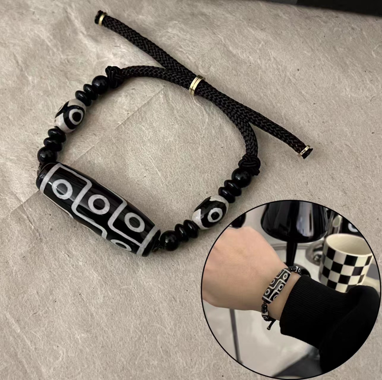 新中式国潮陶瓷天珠手链男潮黑白撞色小众设计高级感百搭个性配饰