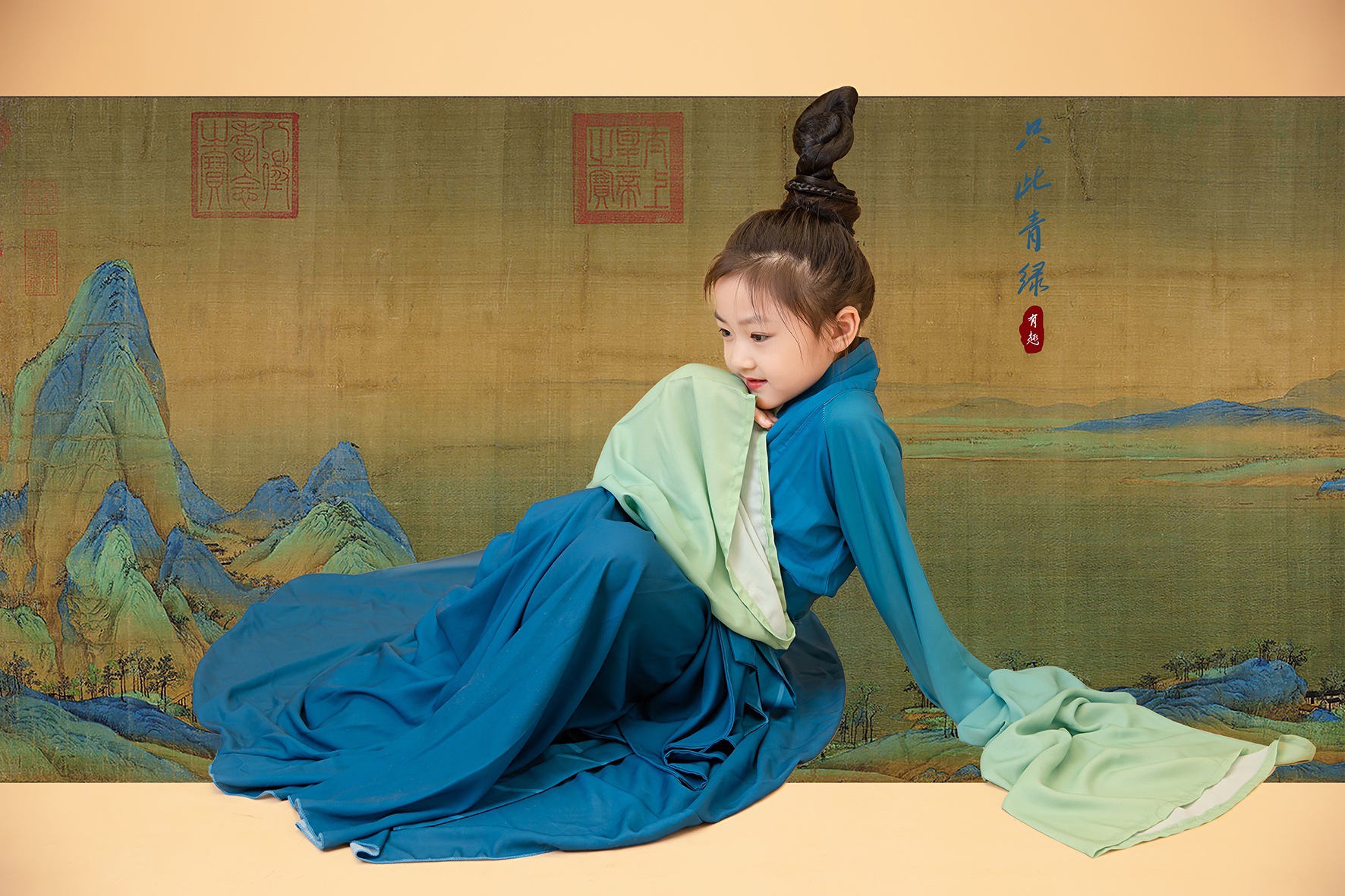 儿童女只此青绿同款演出服舞蹈服春晚青绿腰古装汉服长袖群舞舞剧